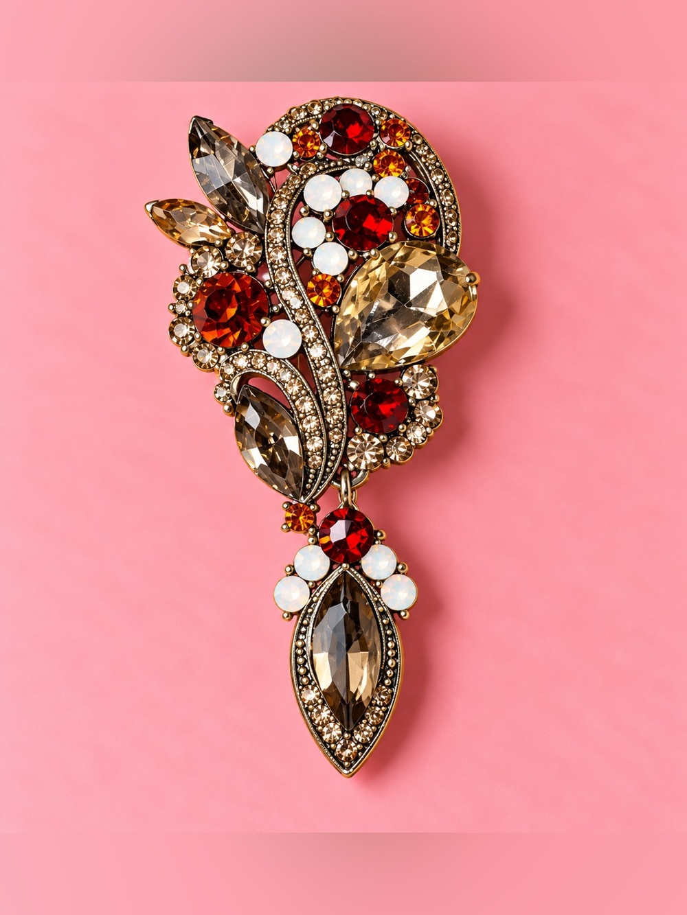 Gold-Tone Red and Champagne Crystal Drop Brooch